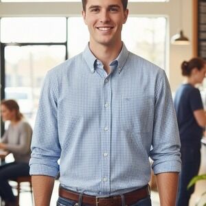 Izod $64 Large Blue White Gingham Micro Plaid Cotton Blend‎ Button Down Shirt